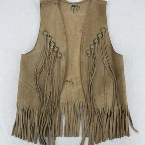 Vintage 70s Suede Fringe Vest Leather Metal O-Ring Boho Western Festival Unisex